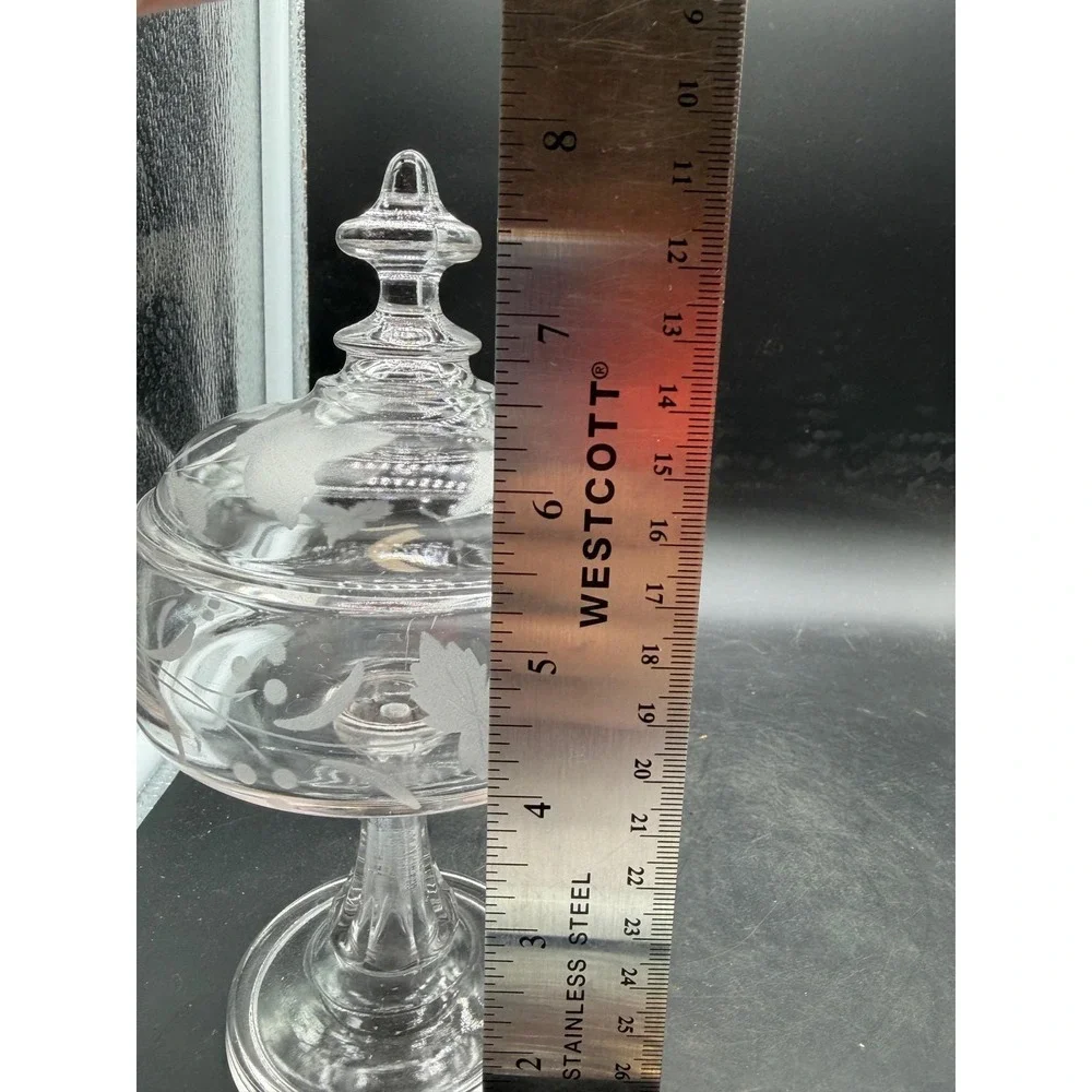 Vintage Etched Glass Pedestal Candy Dish with Lid Leaf Vine Footed Compote Clear